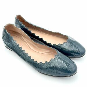 Chloé Lauren Scalloped Ballet Flats Teal Patent Leather Women's EU 38.5/US 8-8.5